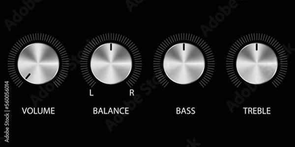 Fototapeta Music sound volume knob button vector icon. Metal audio control dial switch level scale. Analog Rotary Switch.