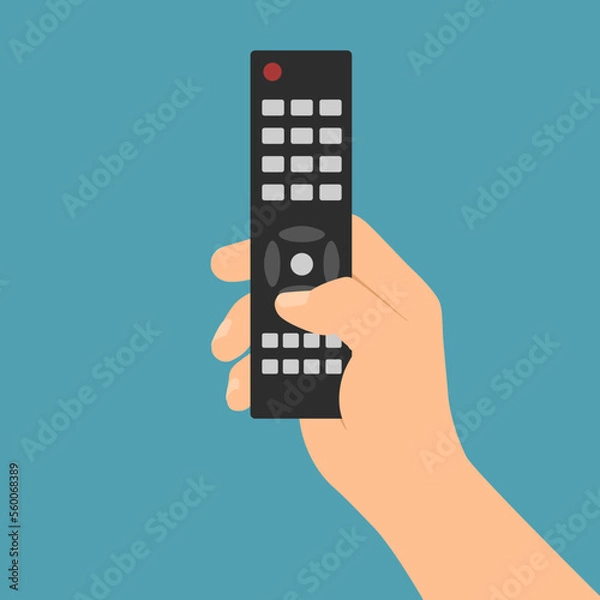 Fototapeta A male hand holds a remote control for a TV or player and press a button - vector on a green background