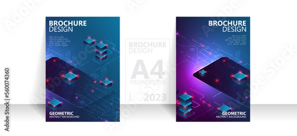 Fototapeta Brochure template flyer background for business design in A4 proportion. Isometric big data processing concept, cloud database.