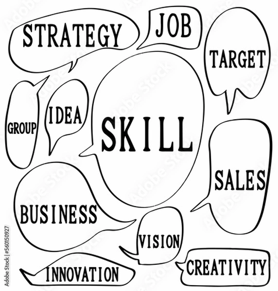 Fototapeta set hand drawn speech bubbles of STRATEGY, JOB, TARGET, IDEA, GROUP, SKILL, SALES, BUSINESS, VISION, INNOVATION, CREATIVITY. vector design illustration