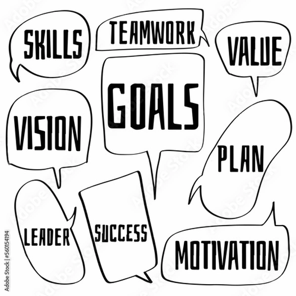 Fototapeta set hand drawn speech bubbles of SKILLS, VISION, TEAMWORK, GOALS, LEADER, SUCCESS, VALUE, PLAN, MOTIVATION. vector design illustration