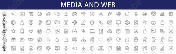 Fototapeta Media thin line icons set. Web editable stroke icons. Network symbol. Vector