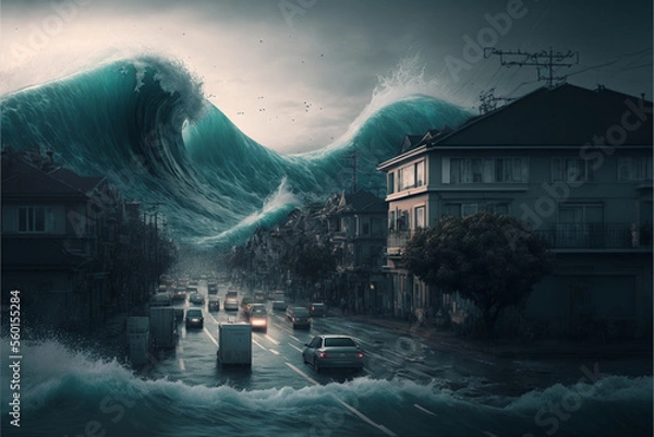 Obraz 大津波が迫り来る町のイラスト、Generative AI