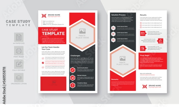 Fototapeta Case study template with creative style red black variation for business promotions purposes | Case Study Booklet | Easy Editable & Customize	
