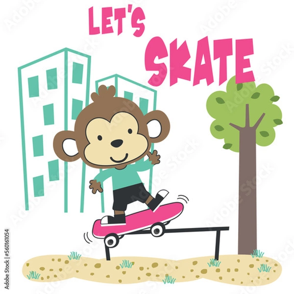Obraz Cute cartoon character monkey skater. Vector print with cute lion on a skateboard. Can be used for t-shirt print, kids wear fashion design, fabric textile, nursery wallpaper and other decoration.