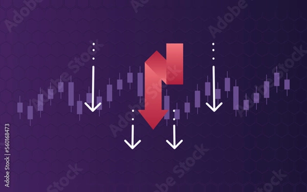 Fototapeta Stock market decrease with falling red arrow, crypto currency or stocks market prices and investment crash, recession chart
