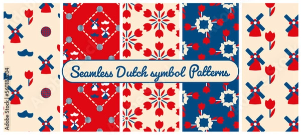 Fototapeta Set of Dutch seamless vector patterns with windmills, stroopwafels, wooden shoes and tulips in red, white and blue