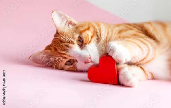 Fototapeta Ginger tabby cat with a red heart lying on a pink background. Greeting card for Valentines day. Сoncept help homeless animals