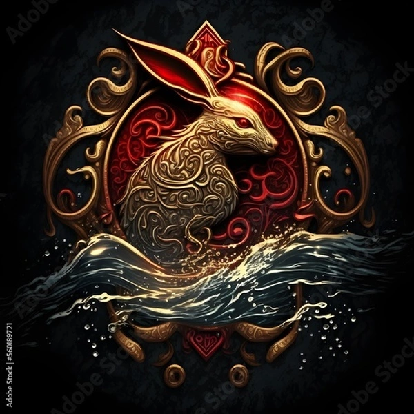 Fototapeta Water rabbit shiny emblem, chinese lunar new year 2023, red gold concept, Generative AI