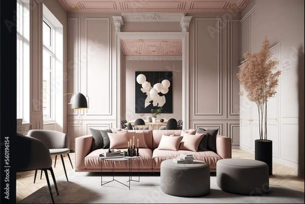Fototapeta A modern living room, in a minimalist millenium crib, high ceiling and filled with warm pink and white colour as the wall blend in with the design of the furniture.	