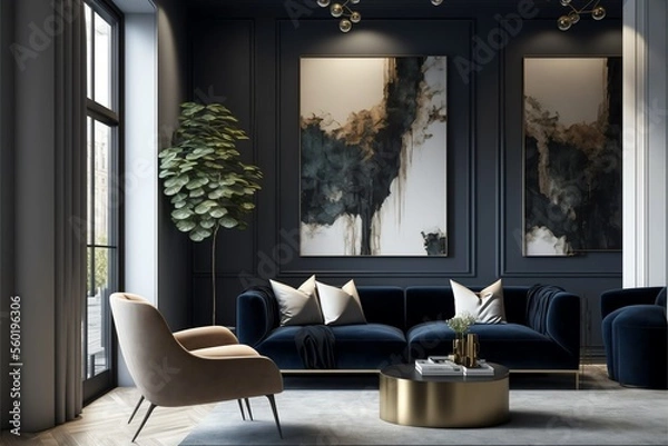 Fototapeta A modern living room, in a minimalist millenium crib, high ceiling and filled with warm blue and khaki colour as the wall blend in with the design of the furniture.	