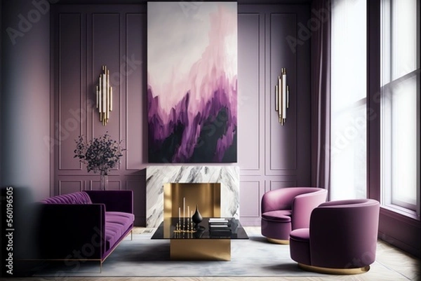 Fototapeta A modern living room, in a minimalist millenium crib, high ceiling and filled with warm purple and pink colour as the wall blend in with the design of the furniture.	