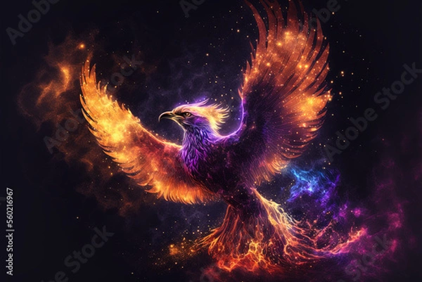 Fototapeta Illustration of a celestial phoenix in fire. Symbol of rebirth. Fenix with burning wings and feathers. Generative AI
