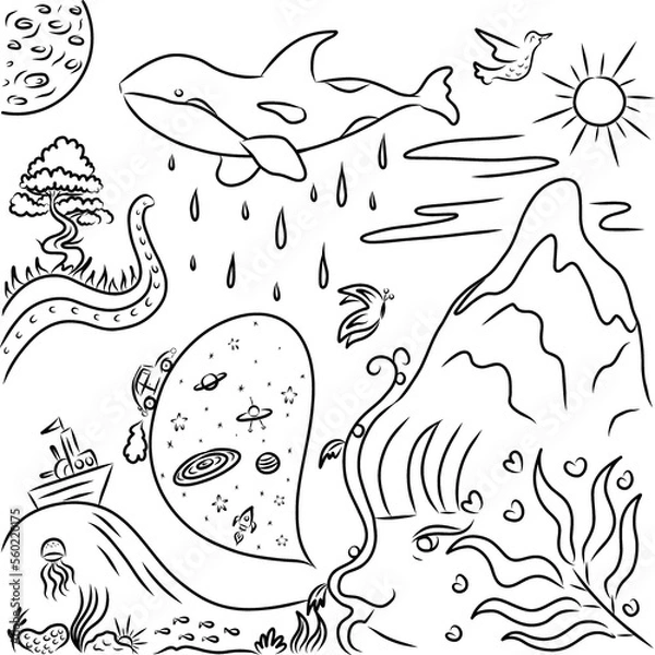 Obraz Vector drawing of tender multiverse Doodle for children, Funny drawing of the field to paint, galaxy, universe, wild animals, maritime, whale, ship Summer, nature, woman's profile