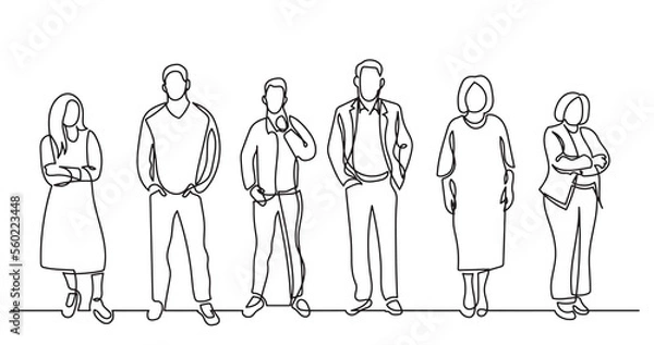 Fototapeta continuous line drawing of diverse group of standing people team members friends employees -  PNG image with transparent background
