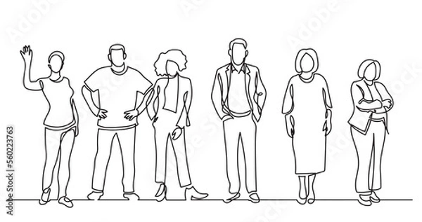 Fototapeta continuous line drawing of diverse group of standing people team members friends employees -  PNG image with transparent background