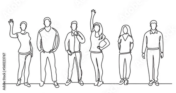 Fototapeta continuous line drawing of diverse group of standing people team members friends employees -  PNG image with transparent background