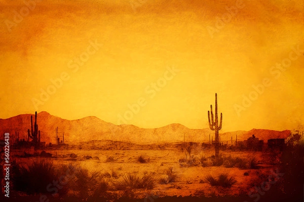 Fototapeta sunset over the desert, wild west landscape grunge background, generative ai backdrop
