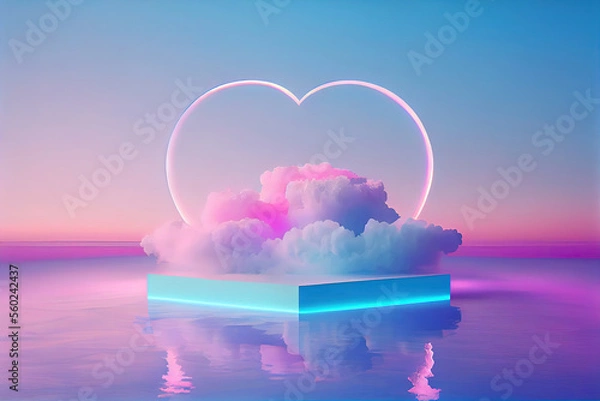 Fototapeta Beauty podium backdrop for product display with dreamy cloud and neon light background. Romantic scene. Digital art
