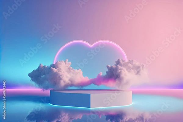 Fototapeta Beauty podium backdrop for product display with dreamy cloud and neon light background. Romantic scene. Digital art
