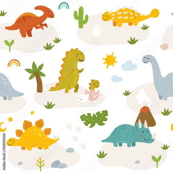 Fototapeta Vector seamless pattern with cute baby dinosaurs. Hand drawn brontosaurus, tyrannosaurus, pterodactyl, triceratops, stegosaurus. Set of flat cartoon vector illustrations isolated on white background