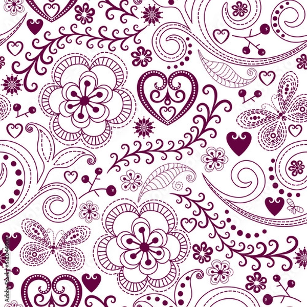 Fototapeta Vector monochrome purple pattern with hearts, flowers and butterflies on a transparent background