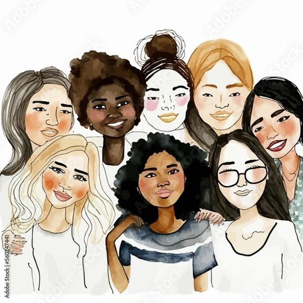 Fototapeta A trendy illustration featuring a happy team of young urban and multi-ethnic women. A modern and inspiring capture for all.