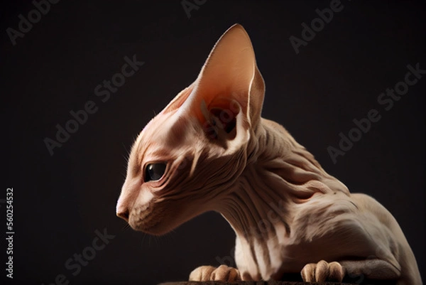 Fototapeta Close-up profile of an adorable pink hairless sphinx kitten observing intently, copy space, Generative AI
