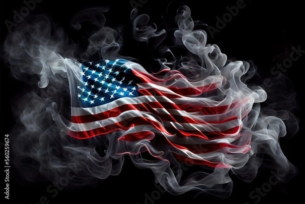 Fototapeta National flag of USA in the form of blue, white and red color smoke. Generative AI art isolated on black background.