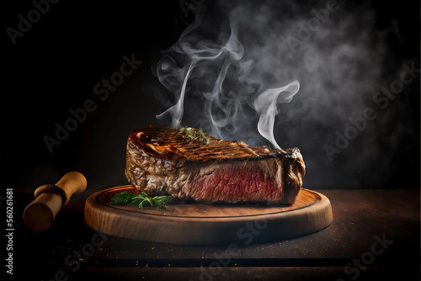 Fototapeta grilled juicy steak with smoke background, Generative AI