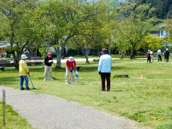 Obraz 公園でゲートボールをする高齢者、グラウンドゴルフをする人達、日本の高齢者