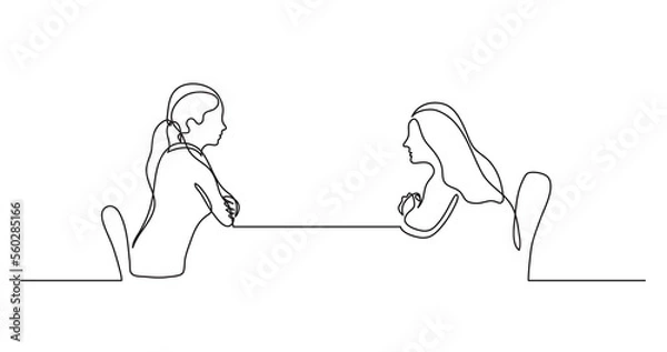 Obraz two young women sitting behind table talking - PNG image with transparent background