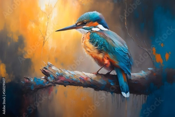 Obraz This realistic painting illustration, depicts a hummingbird perched on a branch. The vibrant colors and intricate details make it come to life, giving the viewer a sense of serenity and beauty