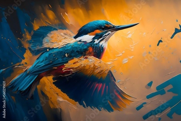 Obraz This realistic painting illustration, depicts a hummingbird perched on a branch. The vibrant colors and intricate details make it come to life, giving the viewer a sense of serenity and beauty