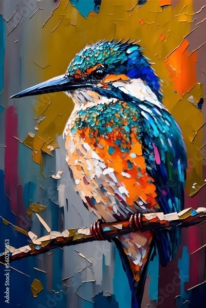 Obraz This realistic painting illustration, depicts a hummingbird perched on a branch. The vibrant colors and intricate details make it come to life, giving the viewer a sense of serenity and beauty