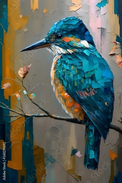 Obraz This realistic painting illustration, depicts a hummingbird perched on a branch. The vibrant colors and intricate details make it come to life, giving the viewer a sense of serenity and beauty