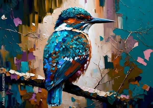 Obraz This realistic painting illustration, depicts a hummingbird perched on a branch. The vibrant colors and intricate details make it come to life, giving the viewer a sense of serenity and beauty