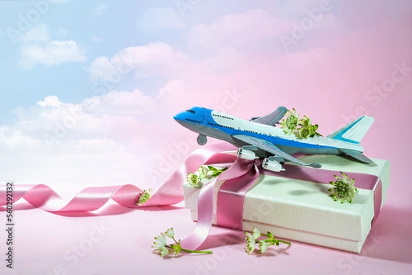 Fototapeta Toy airplane on a gift box with ribbon and some flowers, pink background fading into a cloudy blue sky, travel and journey present for Valentines day or wedding trip, copy space