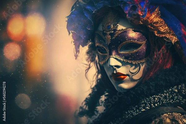 Fototapeta Face in beautiful mask for Venice carnaval. Generative AI