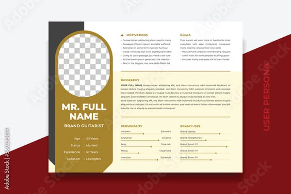 Fototapeta User Persona Document Template Vector Illustration. Examples of User Personas template. Persona Document. Persona Template for UI UX designer. User Persona vector horizontal template with double color