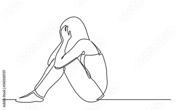 Fototapeta continuous line drawing woman sitting on floor in despair - PNG image with transparent background