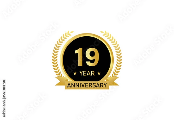 Obraz 19 year anniversary celebration. Anniversary logo with ring and elegant golden color isolated on white background, vector design for celebration.