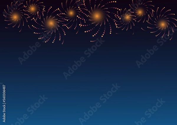 Fototapeta Orange fireworks with holiday celebration symbols on blue and black color background, empty space for display logo and content, creative design vector illustration.