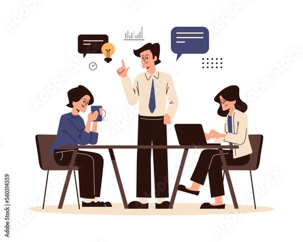 Fototapeta Teamwork office business meeting. Conference, brainstorming, annual report and statistics planning in flat vector illustration