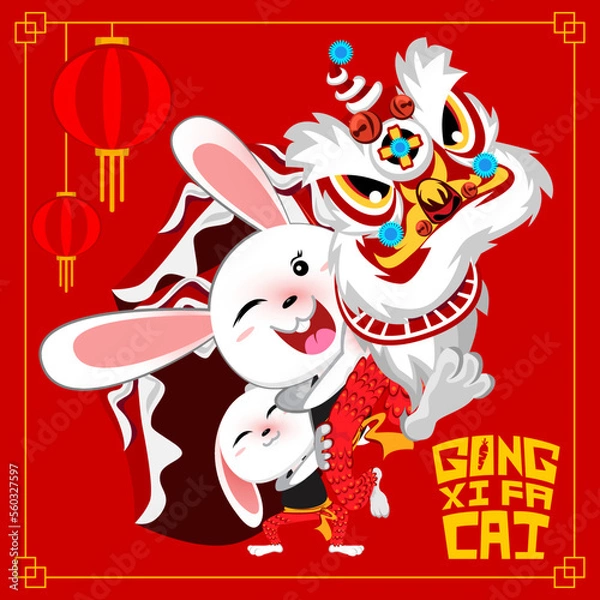 Fototapeta Happy chinese new year 2023 Year of the rabbit.
Cute white rabbit playing lion dance.

The Text is Gong Xi Fa Cai meaning wishing you prosperity in the coming year
