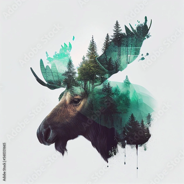 Fototapeta Double exposure of a wild moose and a pine forest. Generative Ai.