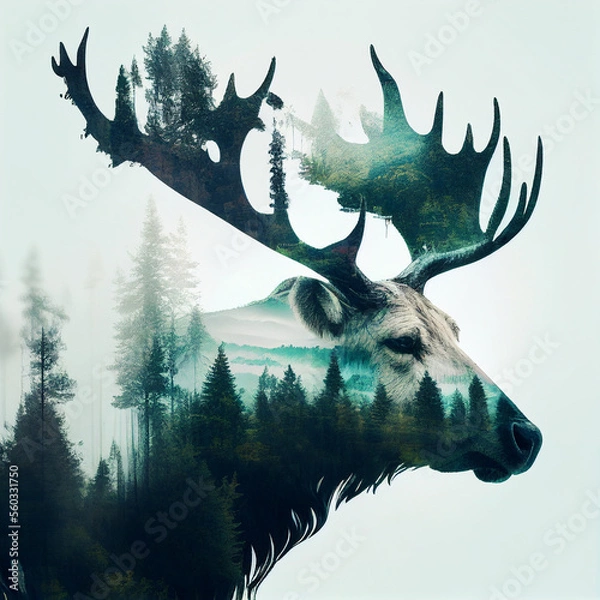 Fototapeta Double exposure of a wild reindeer and a pine forest. Generative Ai.