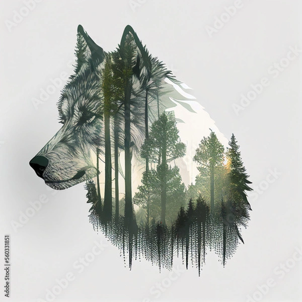 Fototapeta Double exposure of a wild wolf and a pine forest. Generative Ai.