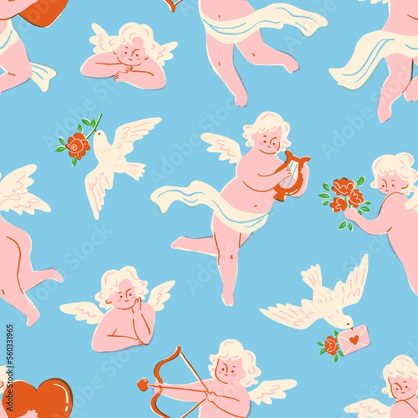 Obraz Seamless pattern with cute flying cupids and doves. Angels or cherubs shooting arrows, holding flowers and playing a harp. Hand drawn elements in trendy retro style.
