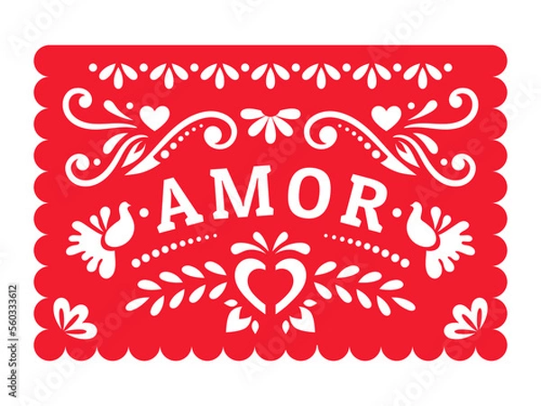 Obraz Papel Picado with floral design, birds and hearts for the Mexican holiday. Fiesta wedding decoration.
